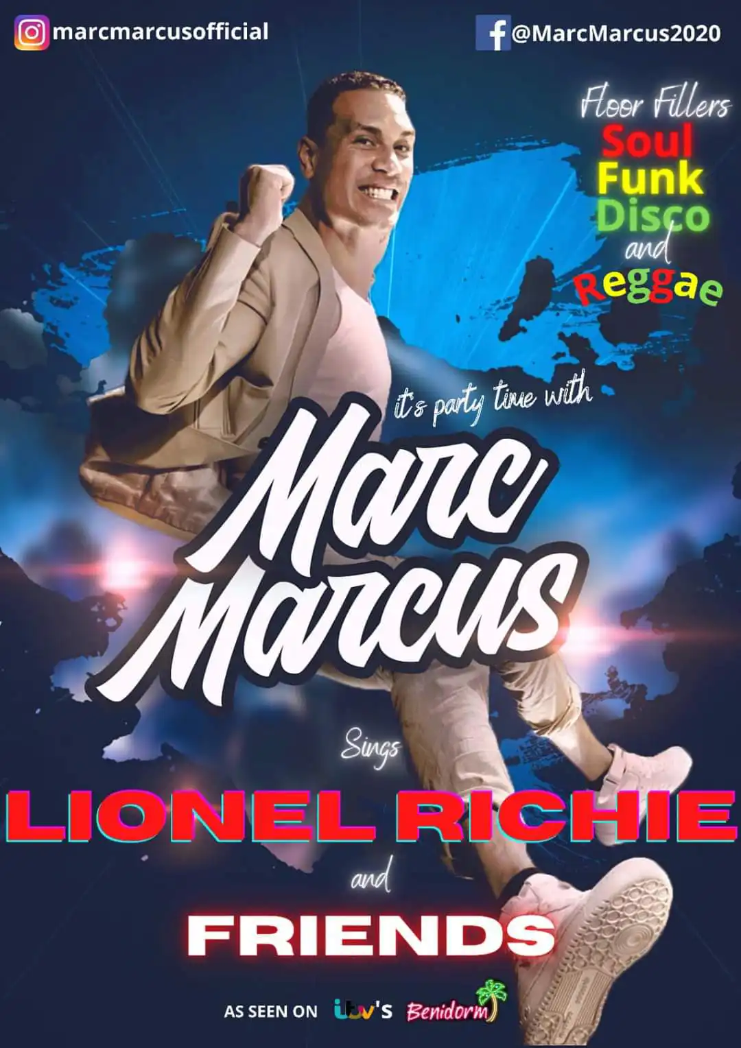 Promotional poster for Marc Marcus' tribute show, "Marc Marcus Sings Lionel Richie and Friends," featuring a dynamic pose of the performer against a blue background with text highlighting soul, funk, disco, and reggae music.