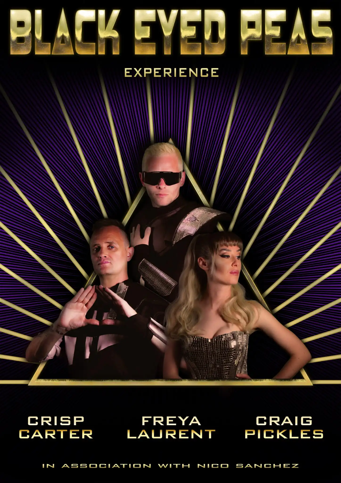 Black Eyed Peas tribute band 'Black Eyed Peas Experience' promotional poster featuring three performers in futuristic outfits.