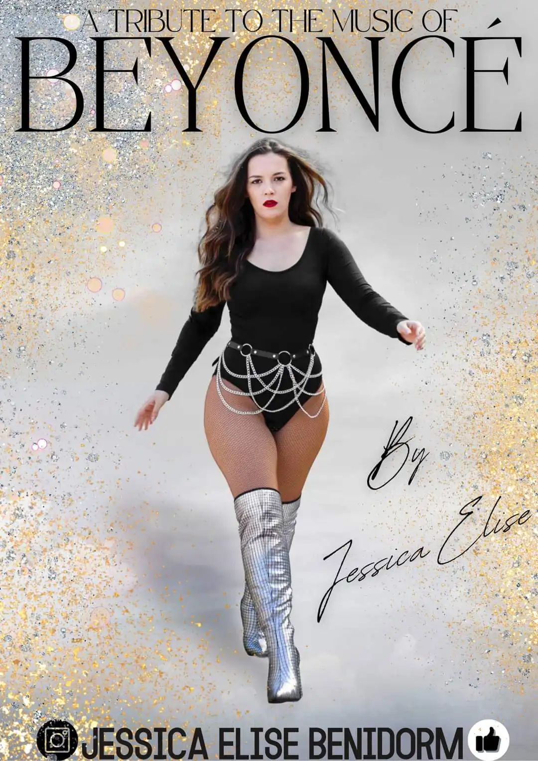 Jessica Elise stars in a tribute to Beyoncé, dressed in a stage-style costume with metallic boots, set against a sparkling silver and gold backdrop.