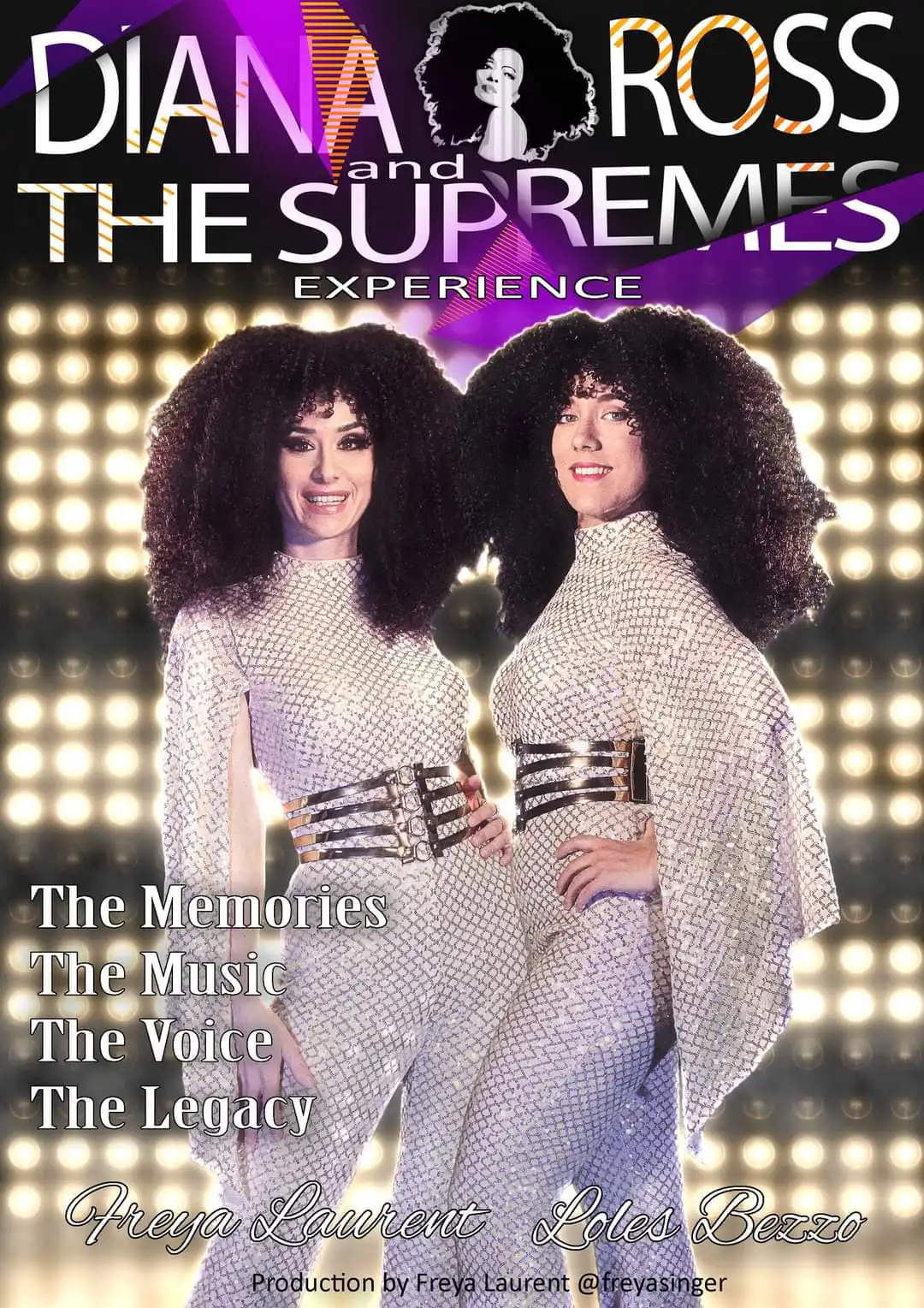 Two performers dressed in sparkling silver gowns with voluminous curly wigs pose under bright stage lights for the Diana Ross & The Supremes tribute show.