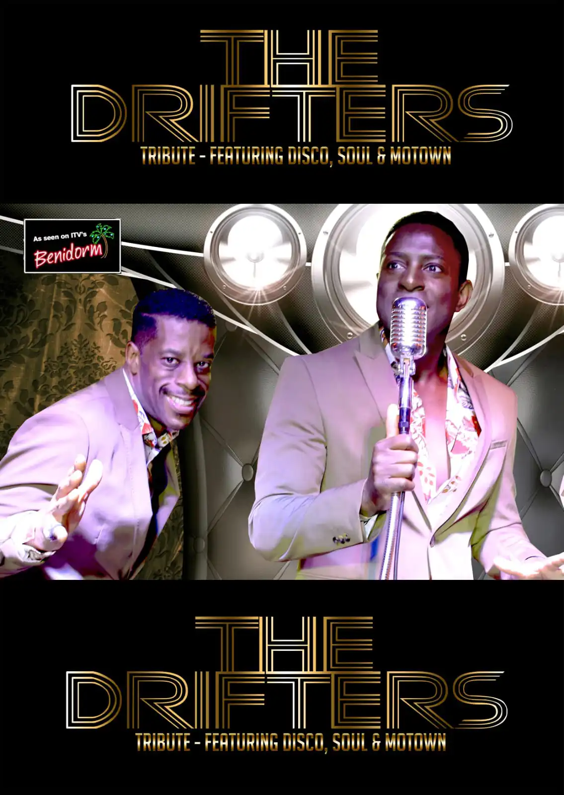 The Drifters tribute show featuring disco, soul, and Motown at Tropical Bar Benidorm, with two performers in vintage suits on stage.