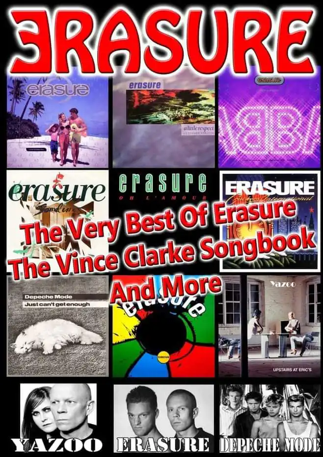 Tribute poster for Erasure and Vince Clarke's greatest hits, featuring album covers and synth-pop classics at Tropical Bar Benidorm.