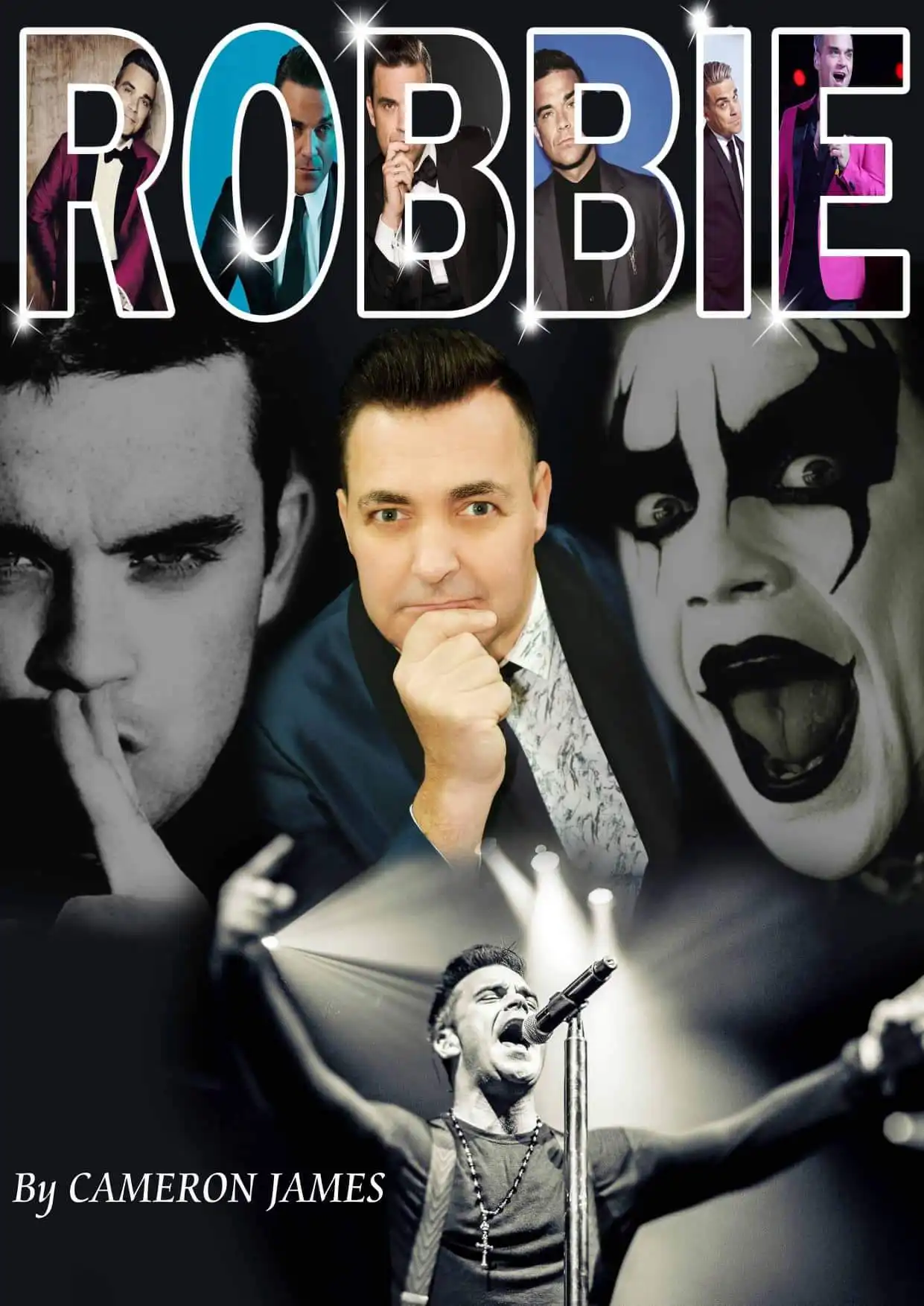 Cameron James as Robbie Williams in a tribute show at Tropical Bar Benidorm, recreating iconic performances.